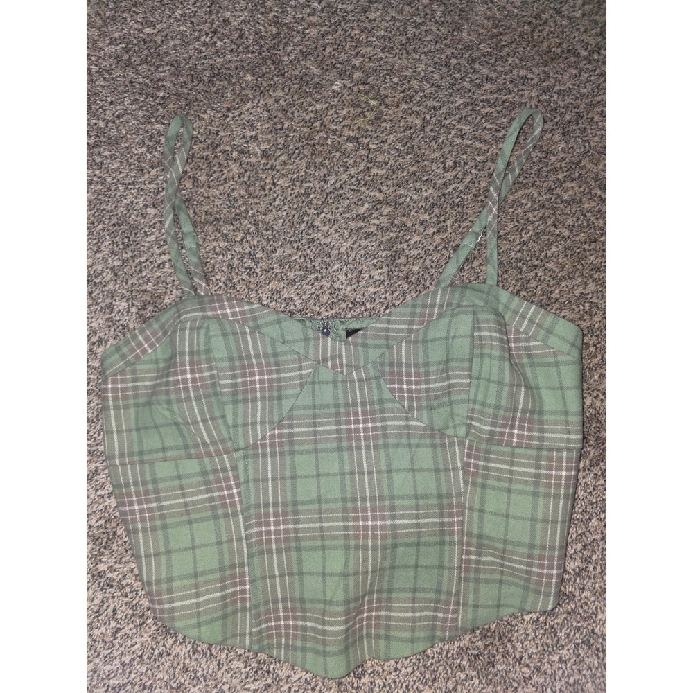Forever 21 Women Sage Green Plaid Corset Crop Top Camisole Large Zip Back